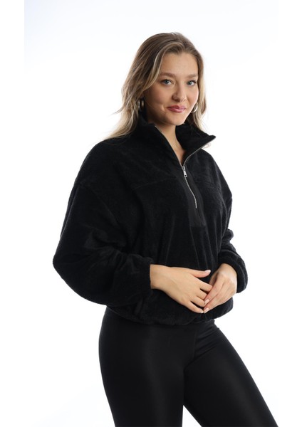 Kadın Dik Yaka Fermuarlı Peluş Siyah fırsatları