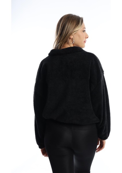 Kadın Dik Yaka Fermuarlı Peluş Siyah indirimleri