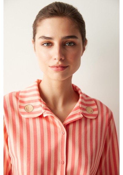 Base Rosy Stripes Gömlek Pantolon Gül Kurusu Pijama Takımı modelleri