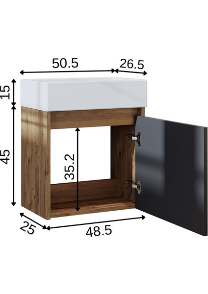 Ayaksız Tek Kapaklı Lavabolu 50 cm Banyo Dolabı