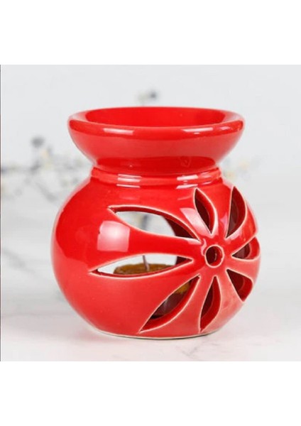 Best Gift Tealight Mum Hediyeli Kırmızı Seramik Lotus Çiçeği Motifli Buhurdanlık Mumluk