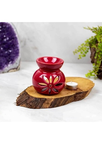 Best Gift Tealight Mum Hediyeli Kırmızı Seramik Lotus Çiçeği Motifli Buhurdanlık Mumluk