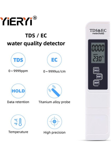 Yıeryı 3'ü 1 Arada Tds/ec/sıcaklık Ölçer Su Iletkenliği Su Kalitesi Test Cihazı Içme Suyu, Musluk Suyu, Kanalizasyon Arıtma, Nehirler, Göller (0 ~ 9999PPM) (Yurt Dışından)