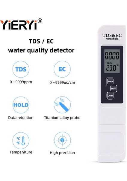 Yıeryı 3'ü 1 Arada Tds/ec/sıcaklık Ölçer Su Iletkenliği Su Kalitesi Test Cihazı Içme Suyu, Musluk Suyu, Kanalizasyon Arıtma, Nehirler, Göller (0 ~ 9999PPM) (Yurt Dışından) fiyatları