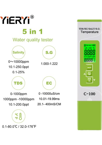Yıeryı Tuzluluk Ölçer 5 In 1 Tuzluluk Test Cihazı Tds/ec/tuzluluk/sg/temp Ölçer Atc ile Deniz Suyu Deniz Tuzlu Su Balık Tankının Tuzluluğunu Tespit Edin (Yurt Dışından) fiyatları