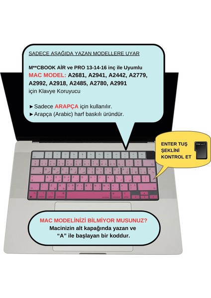 Macbook Air Pro Klavye Kılıfı Arapça Baskı M1-M2-M3 A2681 A2941 A2442 A2779 A2992 A2918 A2485 A2780 A2991 ile Uyumlu Gradient