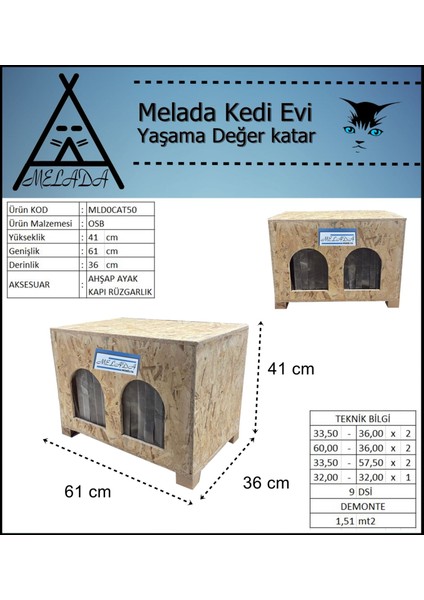 Kedi Kulubesi Dış Ortam Uygun Ahşap Kedi Evi Double Osb 61X41X36 cm