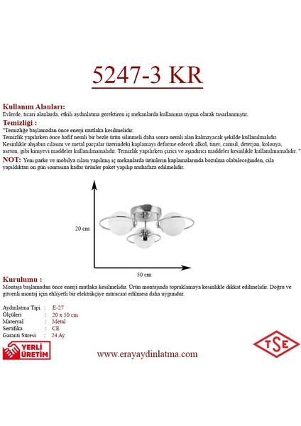 Eray Aydınlatma 3 Lü Opal Camlı Krom Avize