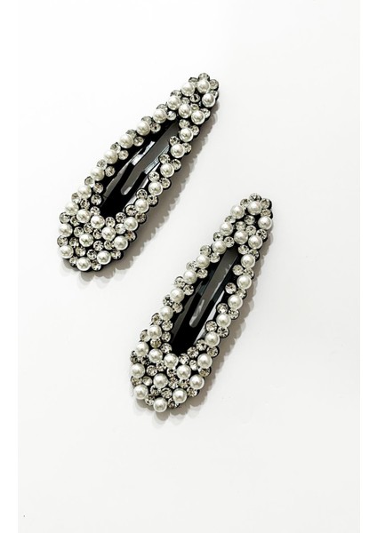 Kristal Taşlı ve Incili Siyah Çıt Çıt Toka 2'li Paket