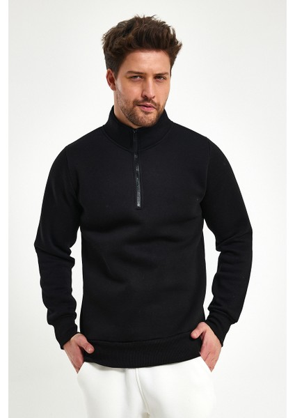 Yüksek Yaka Yarım Fermuarlı Basic Sweatshirt