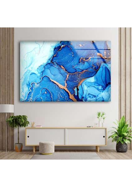 Mavi Mermer Desenli Temperli Cam Duvar Tablosu