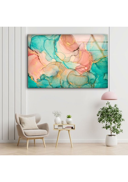 Turkuaz Soyut Mermer Desenli Cam Duvar Tablosu