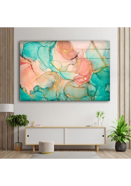 Turkuaz Soyut Mermer Desenli Cam Duvar Tablosu modelleri
