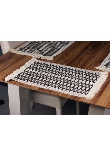 6'lı Örme Supla Pamuklu Dantel Püsküllü Krem Siyah Amerikan Servis 35X45 cm Masa Örtüsü Supla