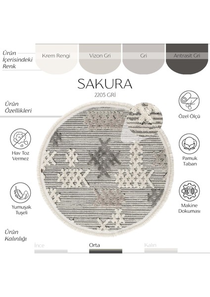 Sakura 2205 Gri Hav Toz Vermez Etnik Desenli Modern Dokuma Yuvarlak Salon Halısı