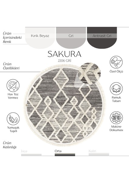 Sakura 2206 Gri Hav Toz Vermez Etnik Desenli Modern Dokuma Yuvarlak Salon Halısı