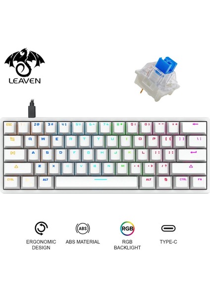 Leaven K620 Blue Switch Mekanik Gaming Oyun Klavyesi Rgb 61 Key Mavi Tuş Type-C Klavye Beyaz