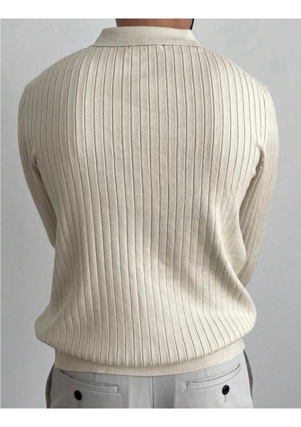 Kırık Beyaz Erkek Polo Yaka Fitilli Triko Kazak modelleri