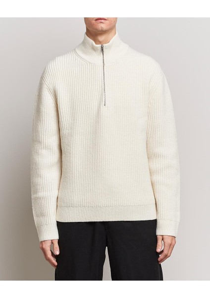 Beyaz Erkek Oversize Fermuarlı Balıkçı Triko Kazak