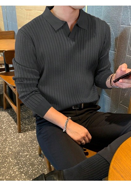 Erkek Polo Yaka Fitilli Triko Kazak Füme Renk Günlük Kullanım