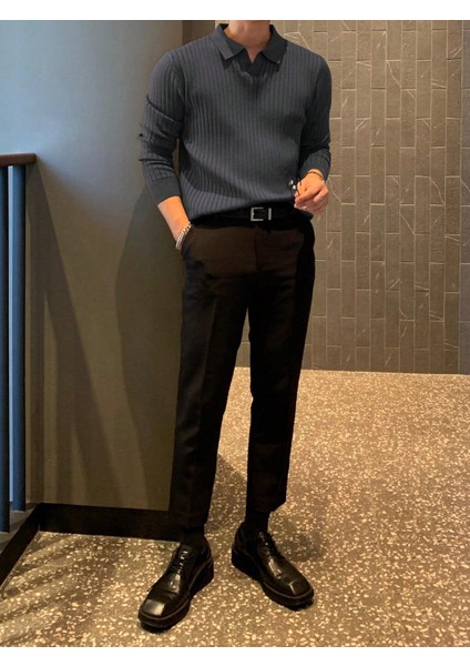 Erkek Polo Yaka Fitilli Triko Kazak Füme Renk Günlük Kullanım fiyatları