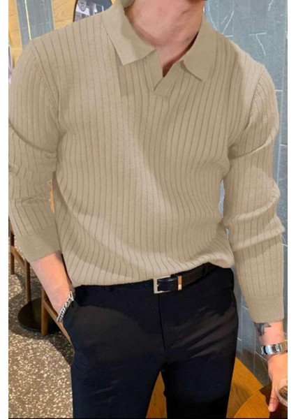 Bej Erkek Polo Yaka Fitilli Triko Kazak