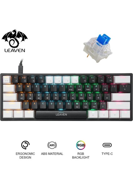 Leaven K620 Blue Switch Mekanik Gaming Oyun Klavyesi Rgb 61 Key Mavi Tuş Type-C Klavye Beyaz-Siyah