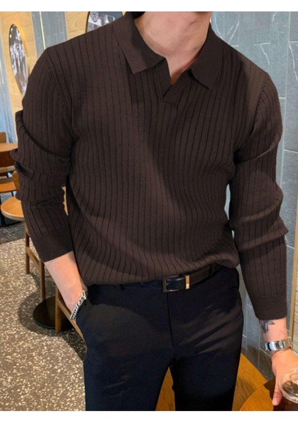 Koyu Kahve Erkek Polo Yaka Fitilli Triko Kazak