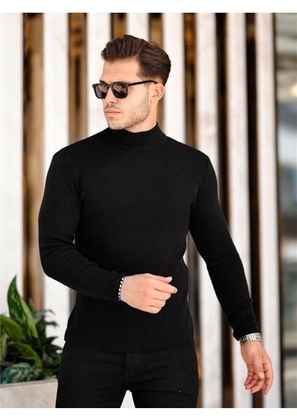 Siyah Erkek Slim Fit Yarım Balıkçı Fitilli Triko KAZAK-TRZ19158R01S