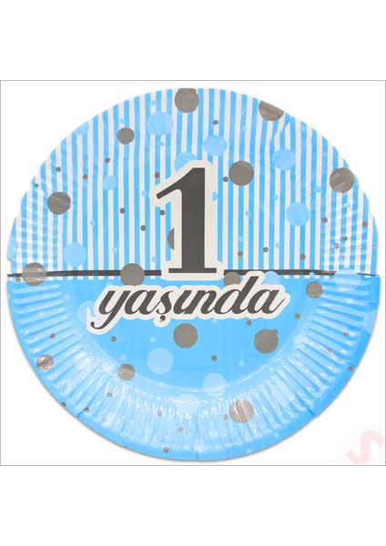 1 Yaşında Karton Tabak, 23CM x 8 Adet - Mavi