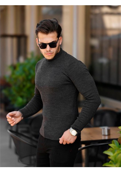 Füme Erkek Slim Fit Yarım Balıkçı Fitilli Triko KAZAK-TRZ19158R02S