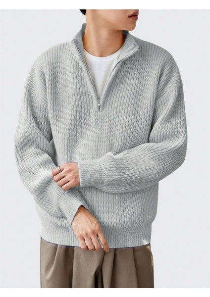 Gri Erkek Oversize Fermuarlı Balıkçı Triko Kazak