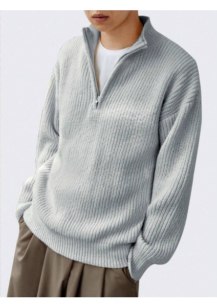 Gri Erkek Oversize Fermuarlı Balıkçı Triko Kazak modelleri