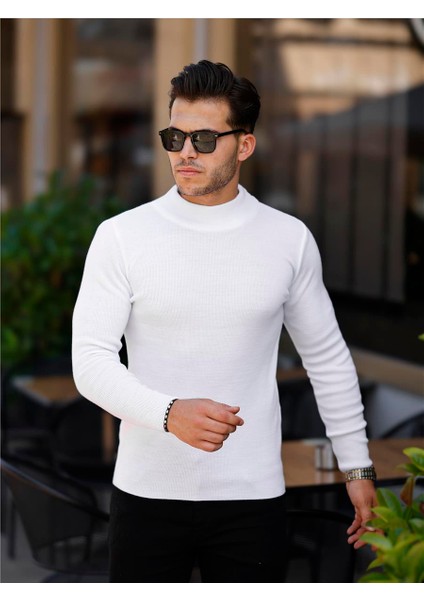 Beyaz Erkek Slim Fit Yarım Balıkçı Fitilli Triko KAZAK-TRZ19158R03S