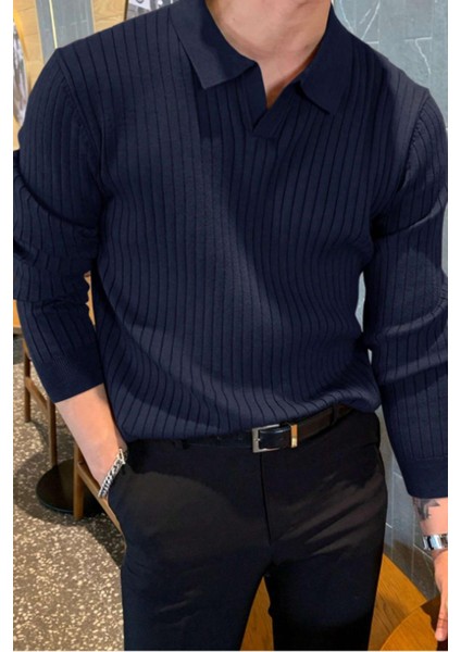 Lacivert Erkek Polo Yaka Fitilli Triko Kazak