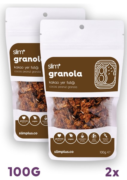 2 Paket Kakao Yer Fıstığı Glutensiz İlave Şekersiz Vegan Granola 100gr