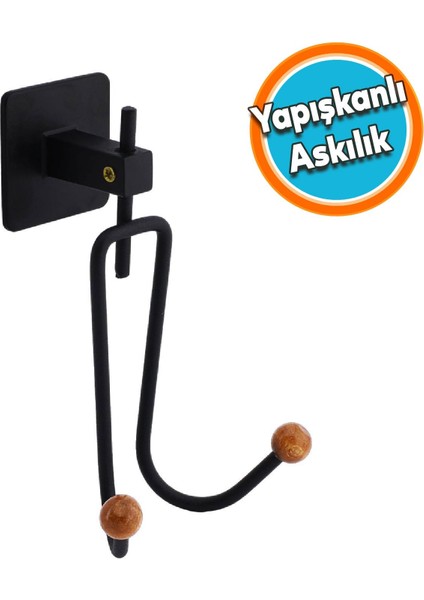 Yapışkanlı Dekoratif Siyah Metal Uzun Çatal 2'li Askılık Sağlam Banyo Lavabo Aparat Bornoz Havlu Asma Askı