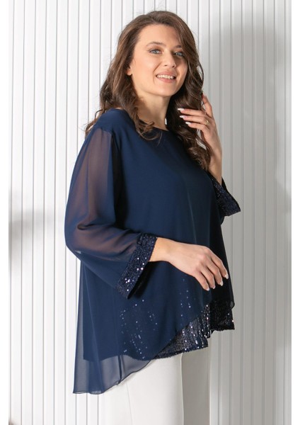 Pul Payet Detaylı Şifon Tunik Lacivert FHM922