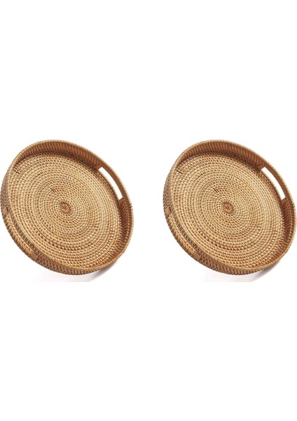 2x Yuvarlak Rattan Servis Tepsisi Dekoratif Dokuma Osmanlı Tepsileri Sehpa Için Kulplu Doğal (Küçük) (Yurt Dışından)