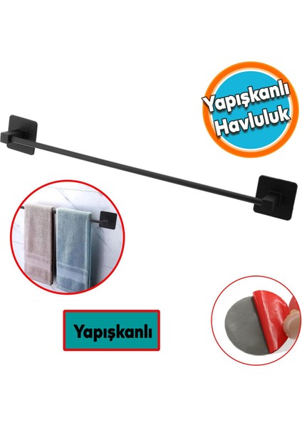 Yapışkanlı Tuvalet Lavabo Banyo Mutfak Havlu Standı Askısı Paslanmaz Metal Siyah Bez Havluluk Uzun 40 cm