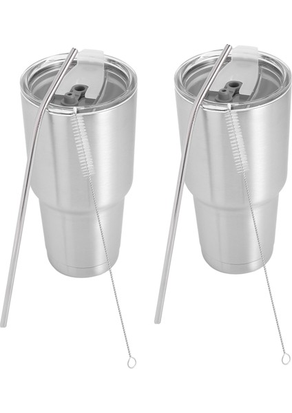 2x Paslanmaz Çelik Tumbler Kapaklı Bardak Saman Çift Duvar Termos Yalıtımlı Bira Bardağı Içme Termosları Kahve (Yurt Dışından)