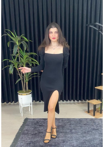 Espoirplus Kare Yaka Siyah Renk Vücuda Oturan Midi Boy Yırtmaç Detaylı Pileli Kol Örme Elbise indirimleri