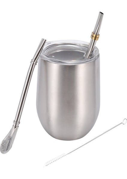 Yerba Mate Çay Bardağı Seti 12 Oz, Çift Duvar Paslanmaz Kahve Su Kapaklı Bardak 2 Bombillas Pipet Kaşık ve Fırça, Gümüş (Yurt Dışından)