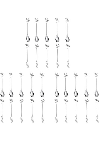 15 Kaşık + 15 Çatal Paslanmaz Çelik Yaprak Kahve Kek Kaşığı Çatal Tatlı Kaşıkları, Çay Kaşığı Seti Gümüş (Yurt Dışından)