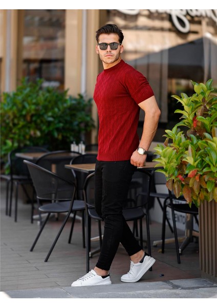 Bordo Erkek Yuvarlak Yaka Desenli Örme T-SHIRT-TRZ2525252525R26S