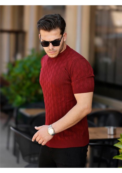 Bordo Erkek Yuvarlak Yaka Desenli Örme T-SHIRT-TRZ2525252525R26S modelleri