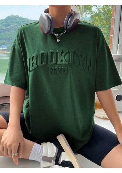 Kadın Nefti Yeşil Brooklyn Nyc Baskılı Oversize Tişört