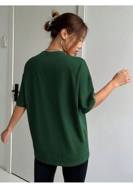 Kadın Nefti Yeşil Brooklyn Nyc Baskılı Oversize Tişört
