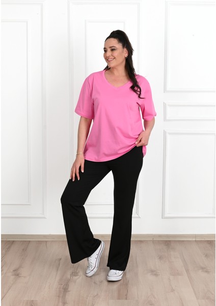 Kadın V Yaka Basic Büyük Beden T-Shirt 1297-22 Truvakar Kol Düz Kahverengi fiyatları