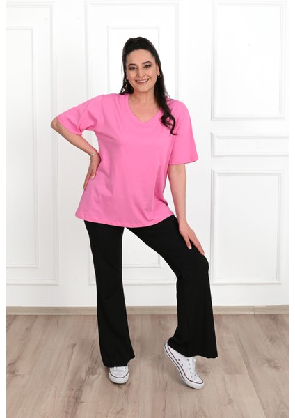 Kadın V Yaka Basic Büyük Beden T-Shirt 1297-22 Truvakar Kol Düz Kahverengi modelleri